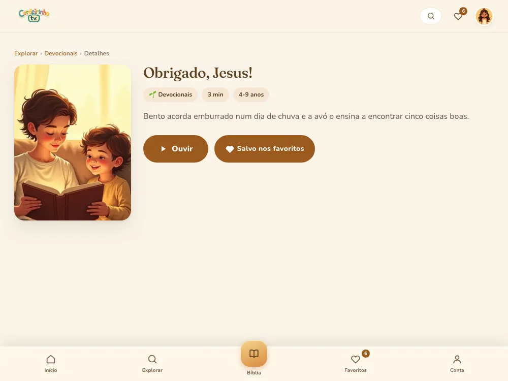 Tela de um devocional aberto, com a duração, a faixa etária e o botão Ouvir