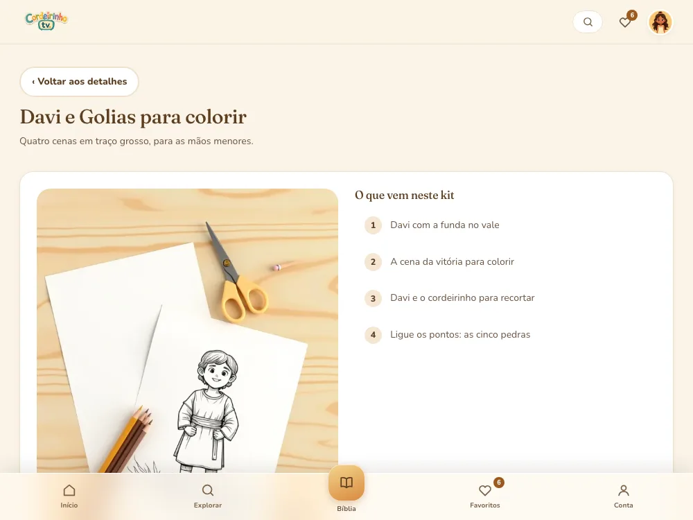 Tela de um kit aberto, com a lista do que vem dentro e a prévia da primeira página para colorir