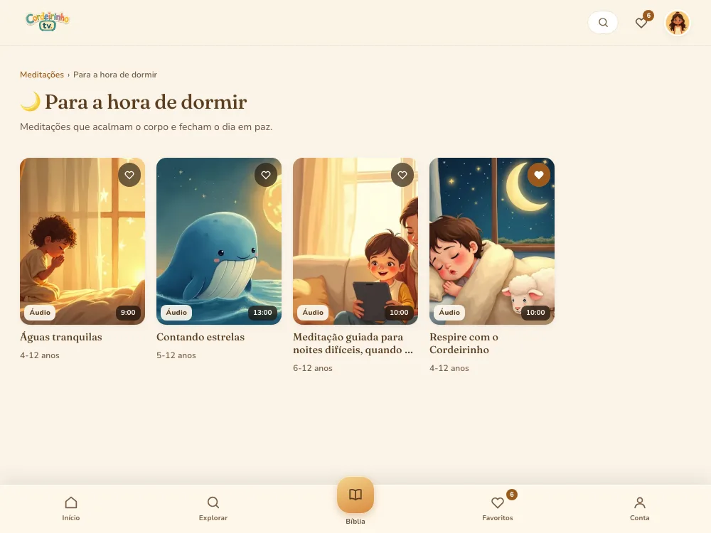 Tela de meditações para dormir, com áudios de 9 a 13 minutos