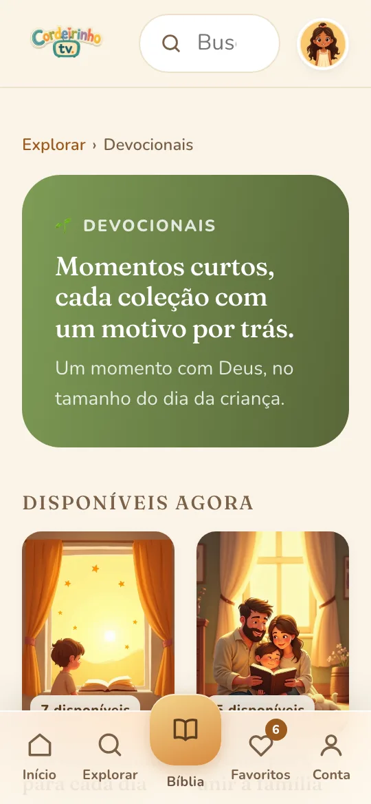 Tela de Devocionais da plataforma, com as coleções disponíveis e quantos devocionais cada uma tem
