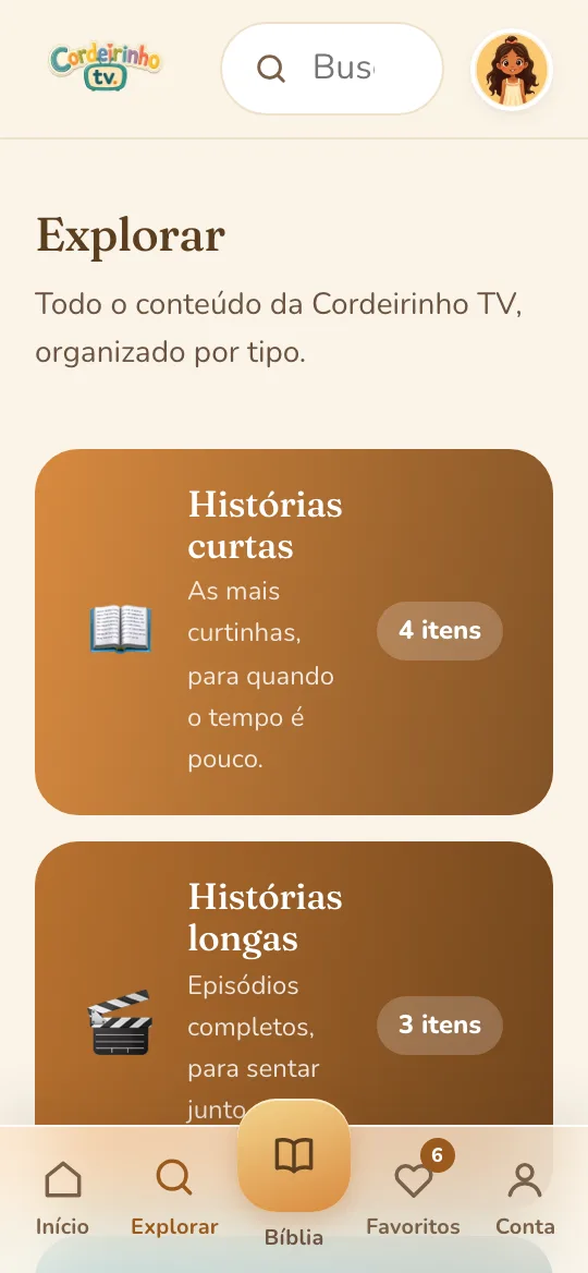 Tela Explorar, com todas as categorias