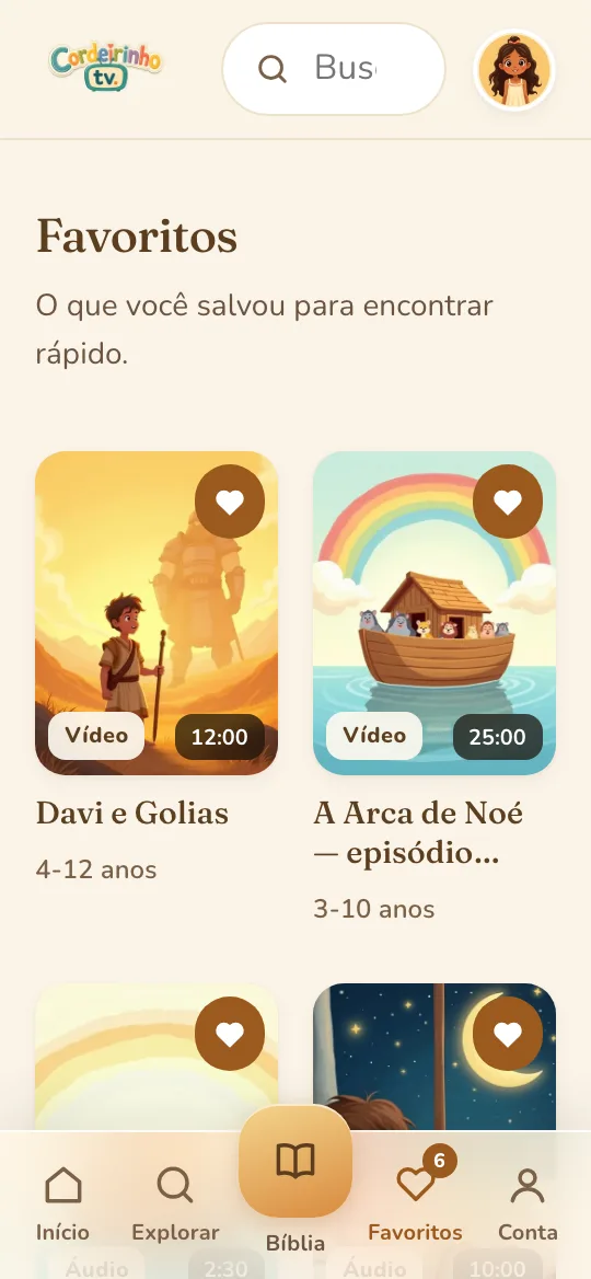 Tela de favoritos, com os conteúdos salvos pela família