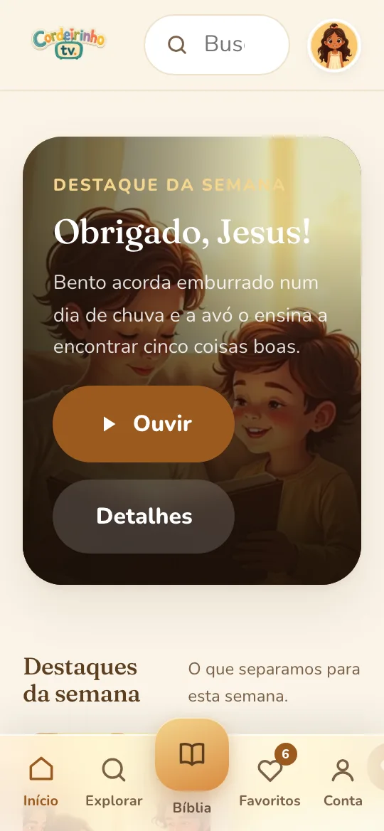 Tela inicial da plataforma, com o destaque da semana e as trilhas de conteúdo