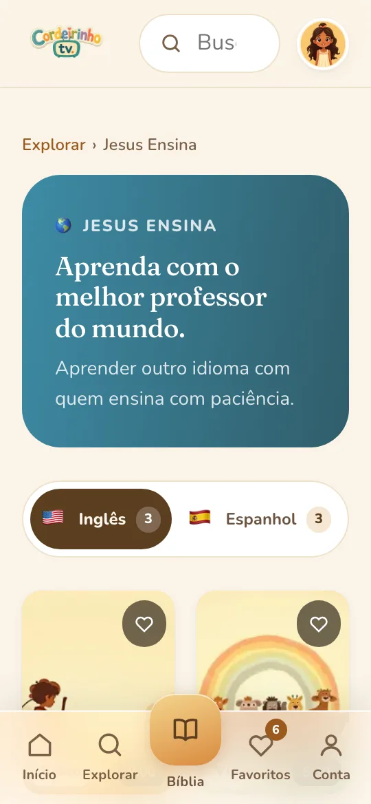 Tela do Jesus Ensina, com as abas de inglês e espanhol