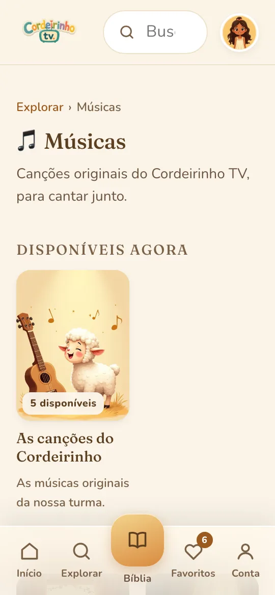 Tela de músicas do Cordeirinho TV